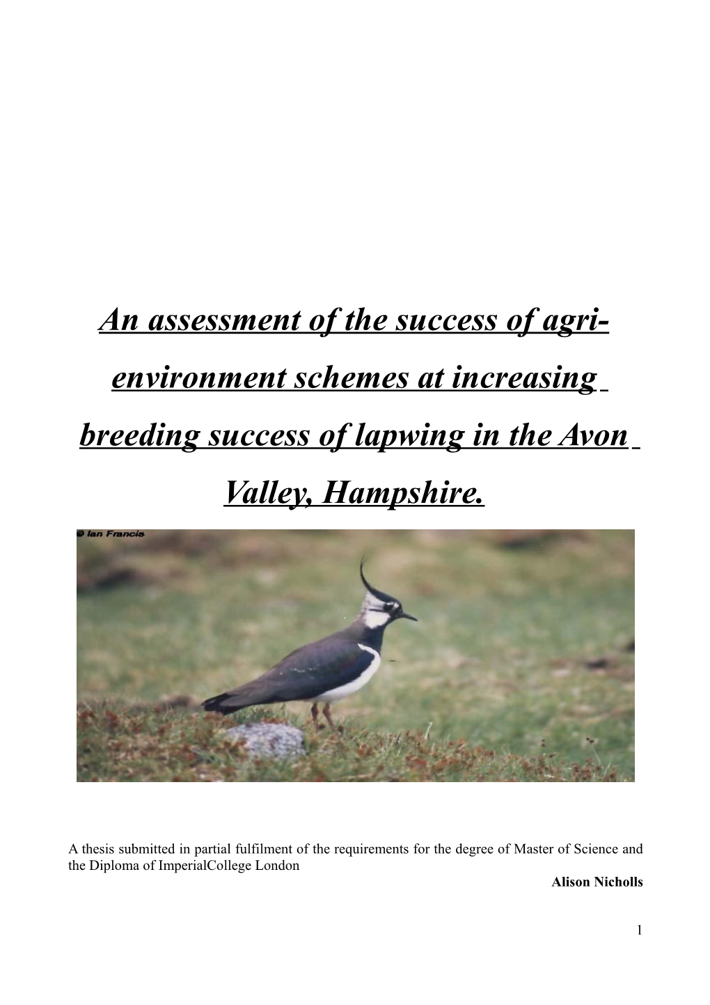 An Assessment of the Success of Agri-Environment Schemes at Increasing Breeding Success of Lapwing in the Avon Valley, Hampshi