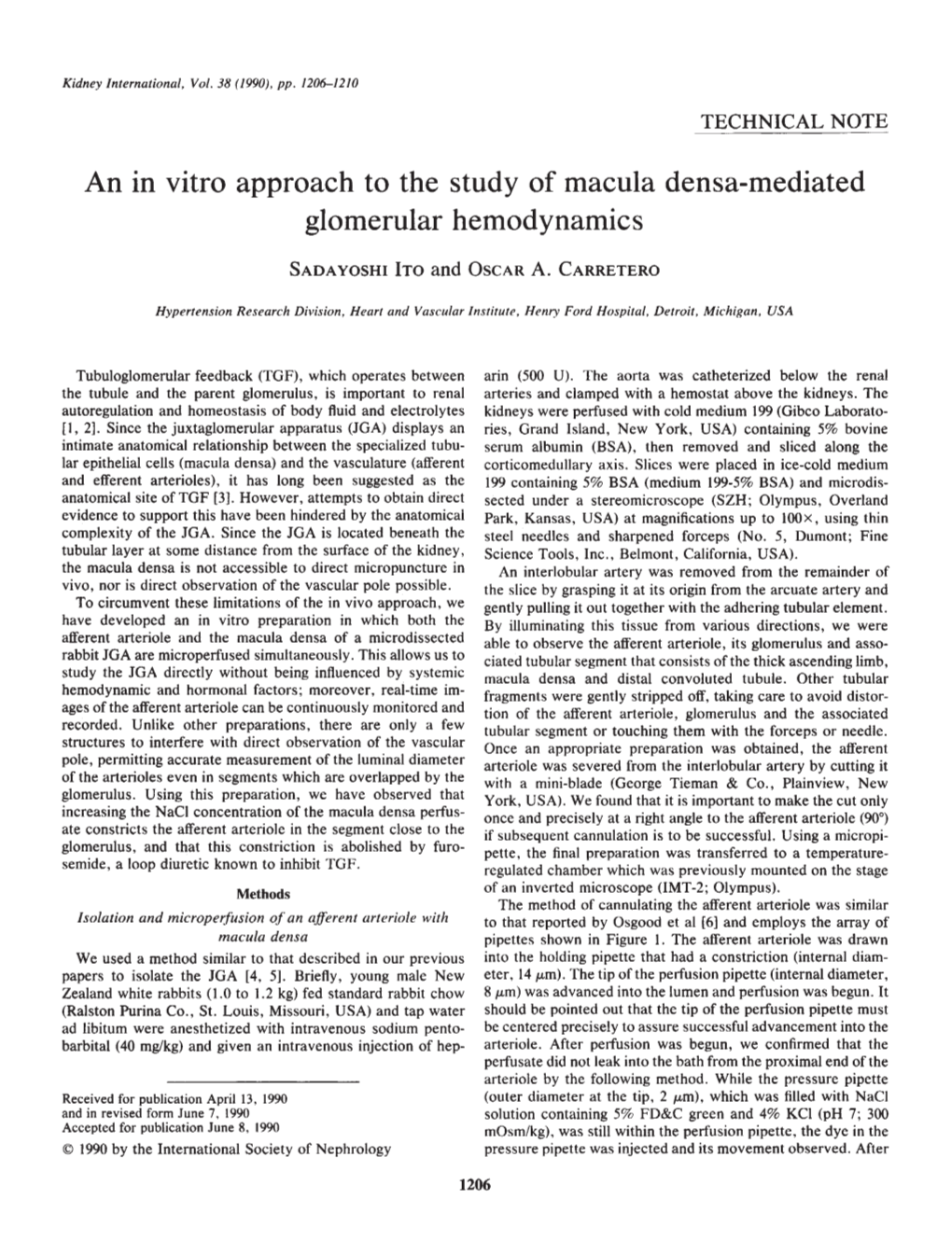 An in Vitro Approach to the Study of Macula Densa-Mediated Glomerular Hemodynamics