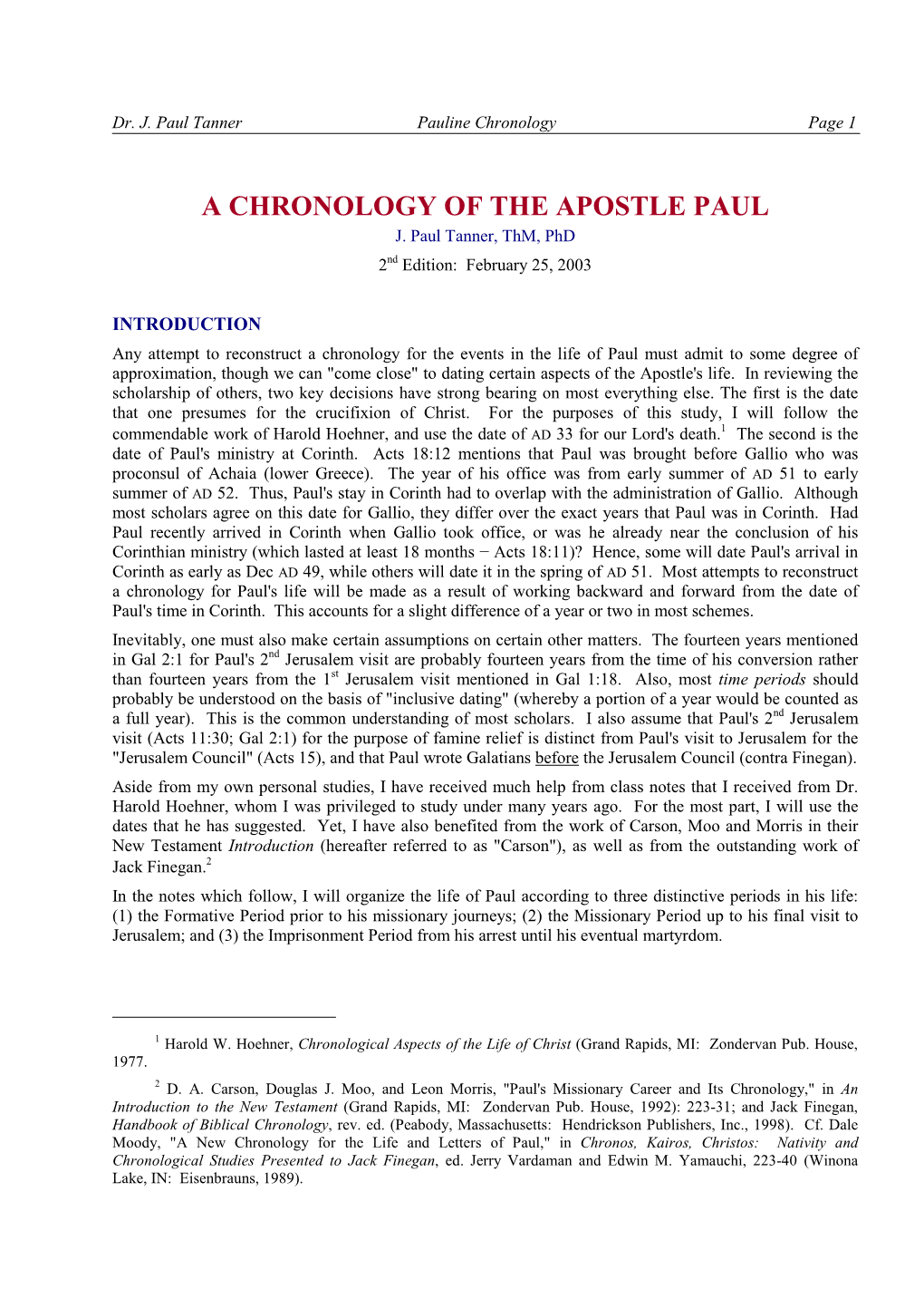 A Chronology of the Apostle Paul