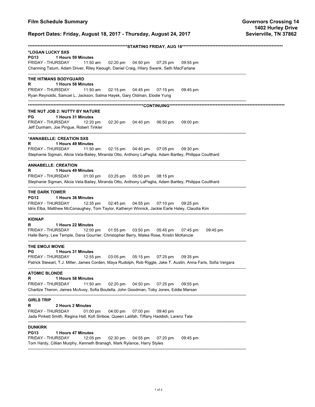 Film Schedule Summary Governors Crossing 14 1402 Hurley Drive Report Dates: Friday, August 18, 2017 - Thursday, August 24, 2017 Sevierville, TN 37862