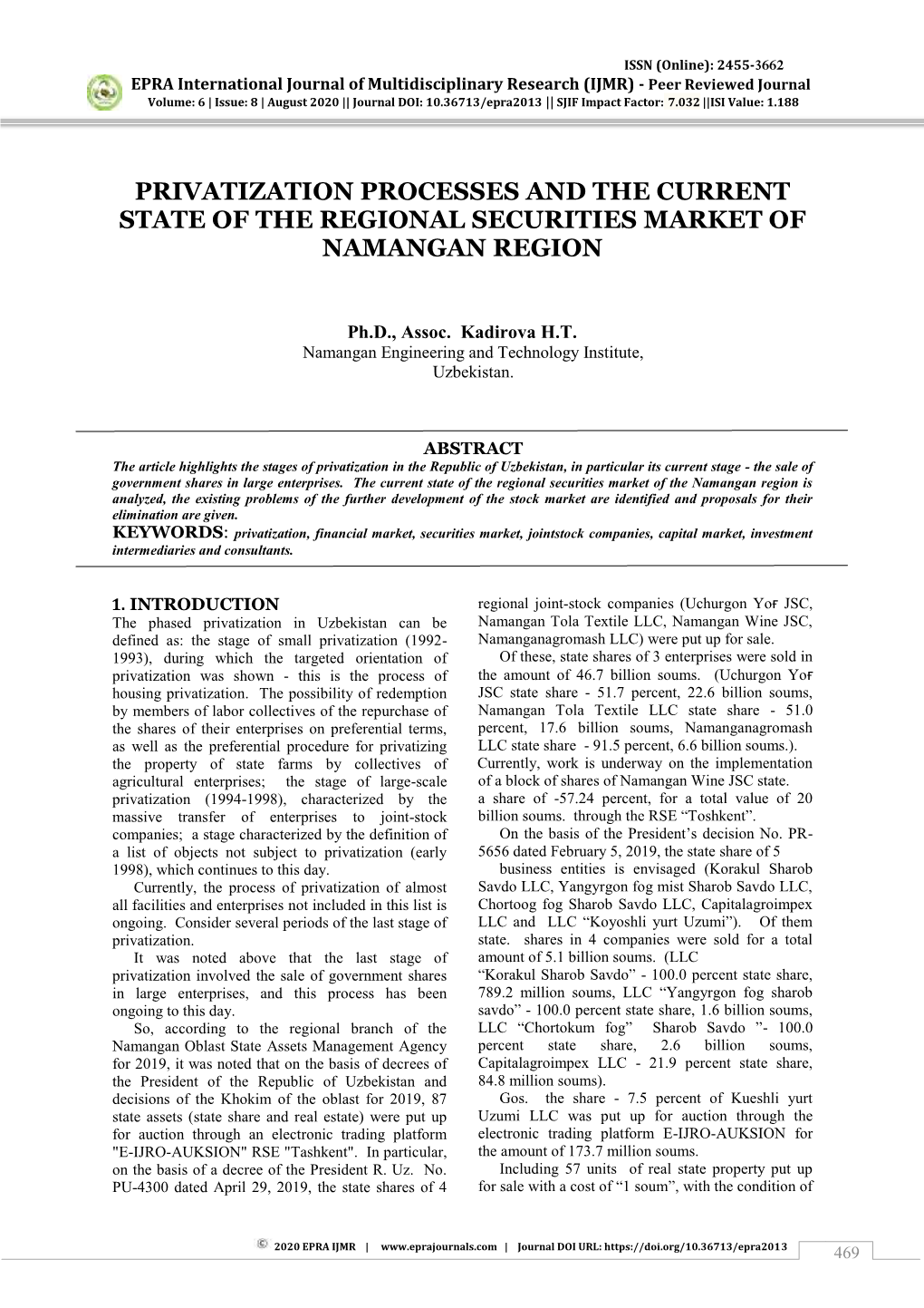 Privatization Processes and the Current State of the Regional Securities Market of Namangan Region
