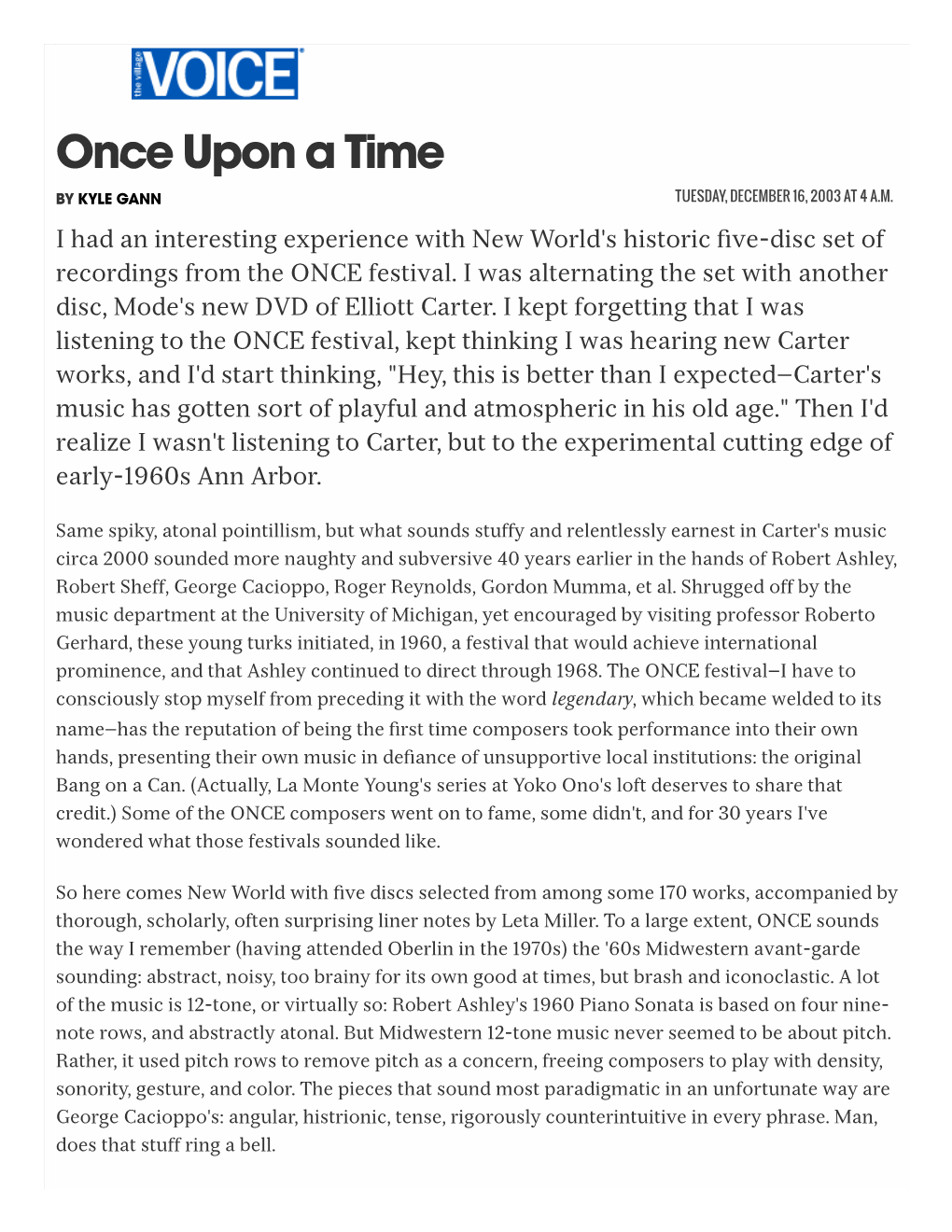 Once Upon a Time by KYLE GANN TUESDAY, DECEMBER 16, 2003 at 4 A.M