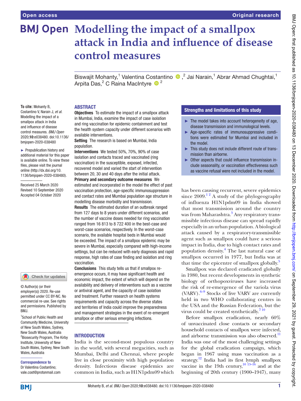 Modelling the Impact of a Smallpox Attack in India and Influence of Disease Control Measures