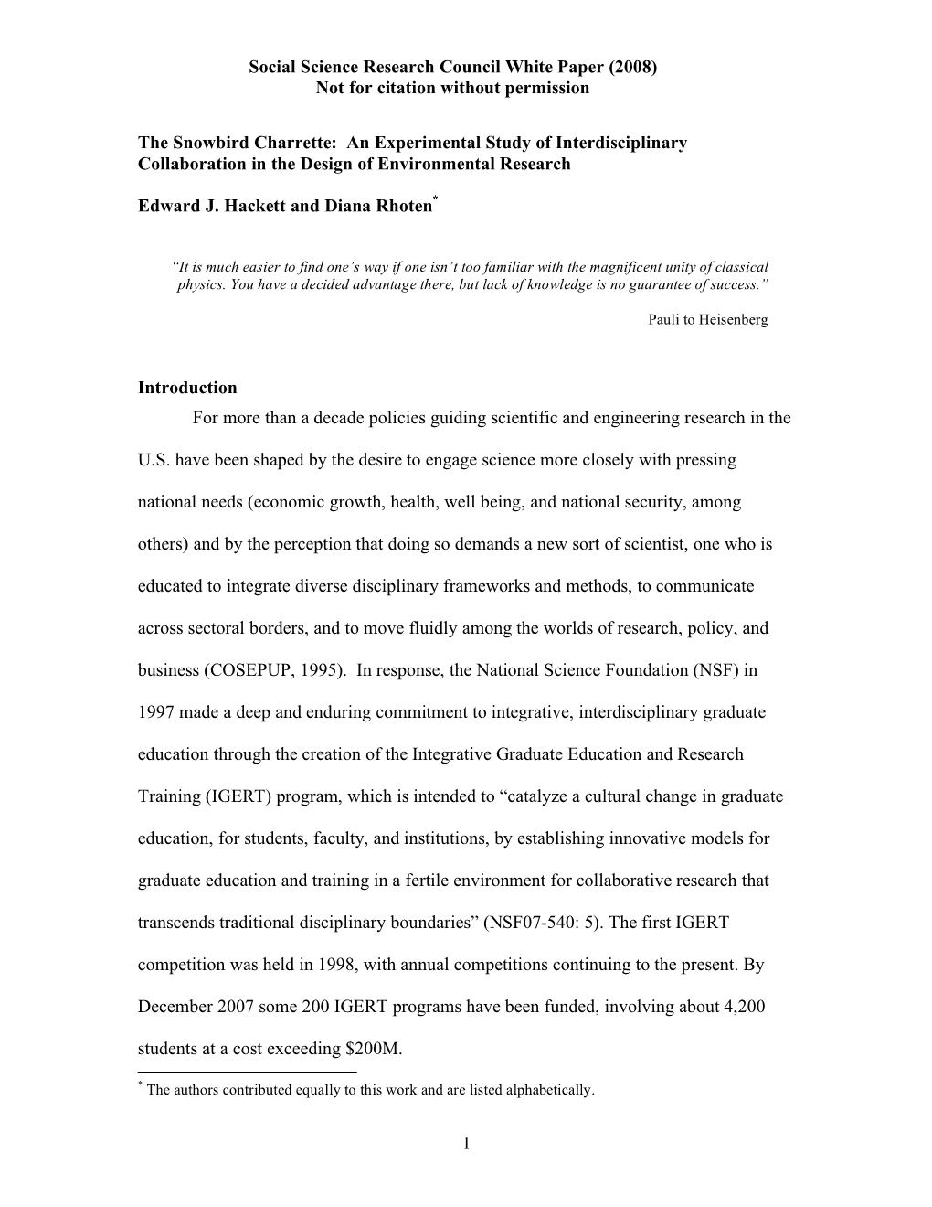 An Experimental Study of Interdisciplinary Collaboration in the Design of Environmental Research