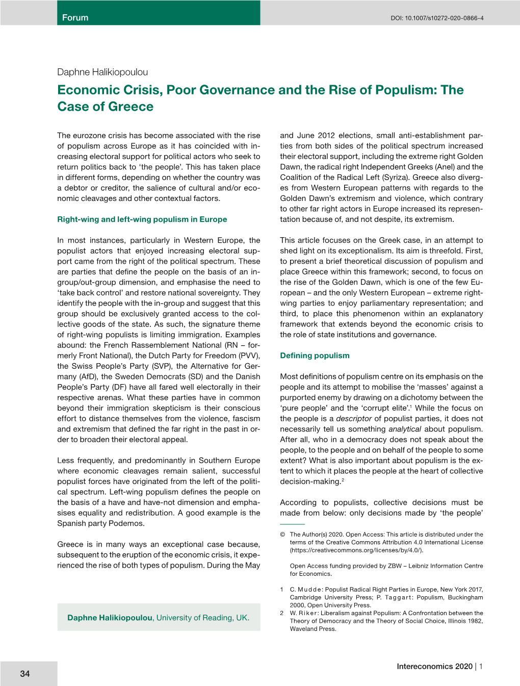 Economic Crisis, Poor Governance and the Rise of Populism: the Case of Greece