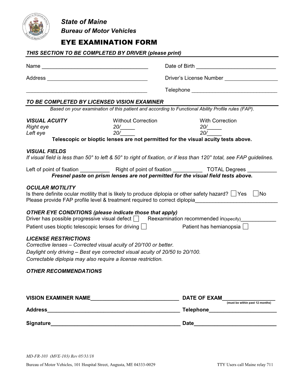 State of Maine EYE EXAMINATION FORM