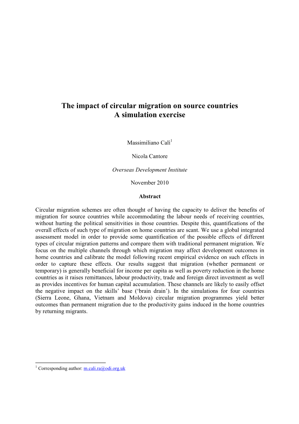 The Impact of Circular Migration on Source Countries a Simulation Exercise