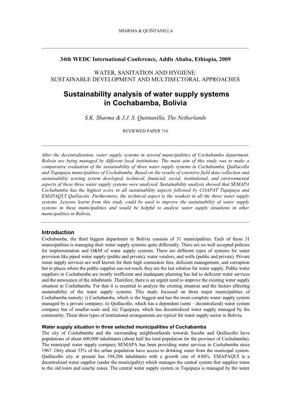 Sustainability Analysis of Water Supply Systems in Cochabamba, Bolivia