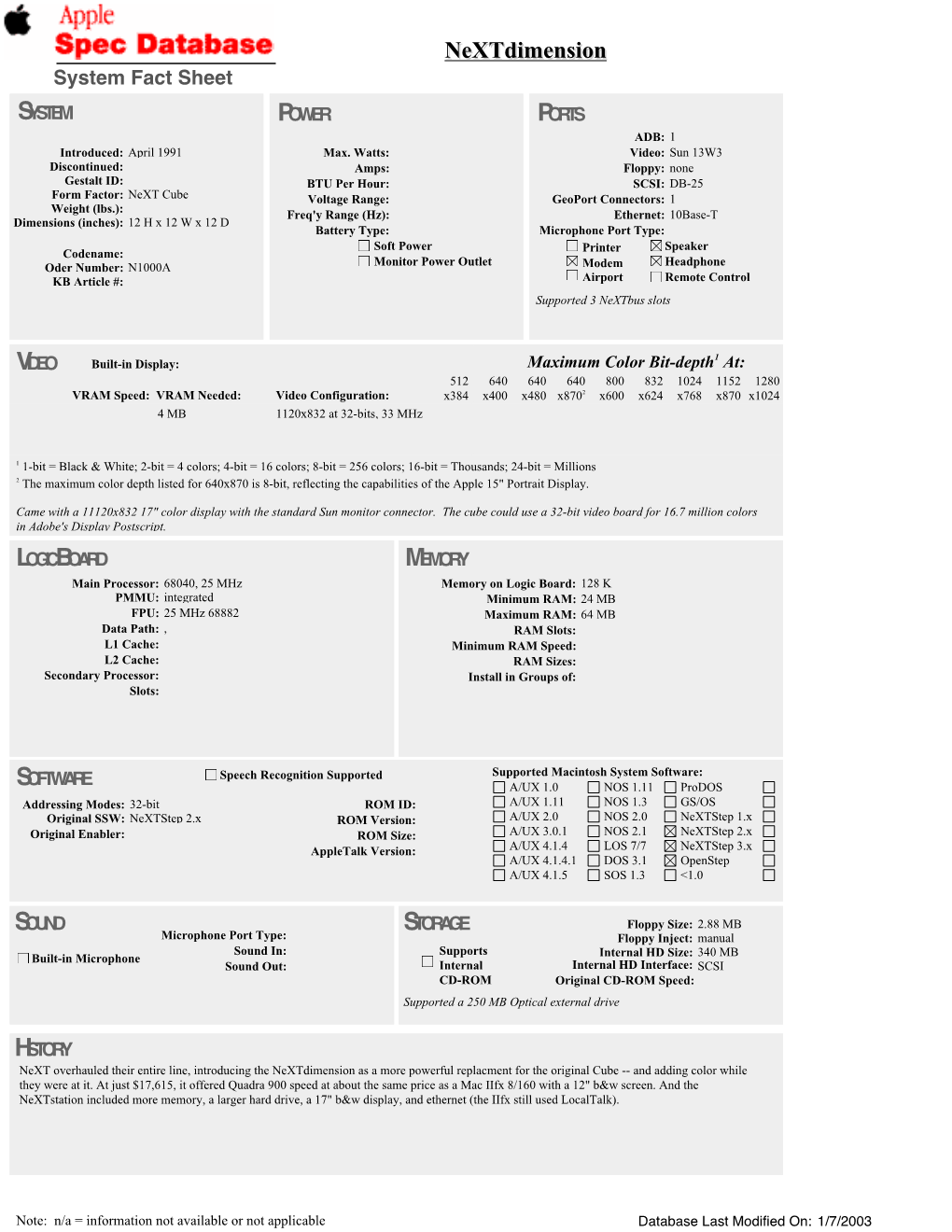 Nextdimension System Fact Sheet SYSTEM POWER PORTS ADB: 1 Introduced: April 1991 Max