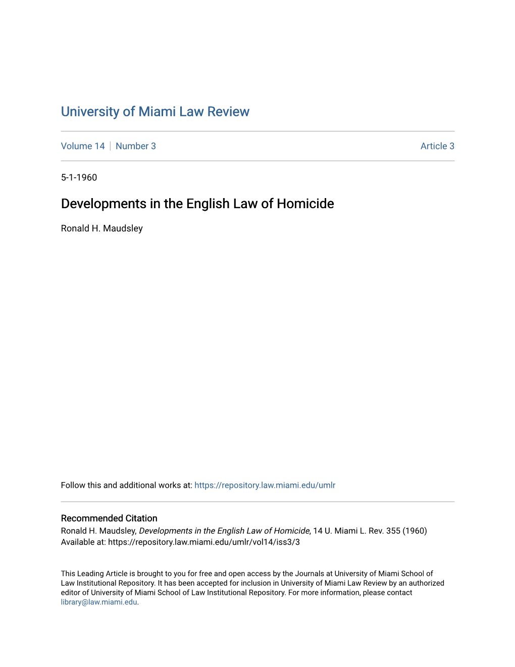 Developments in the English Law of Homicide