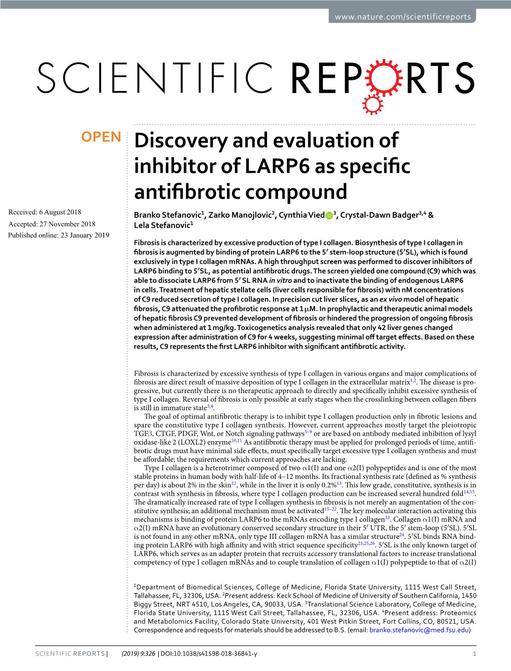 Discovery and Evaluation of Inhibitor of LARP6 As Specific Antifibrotic