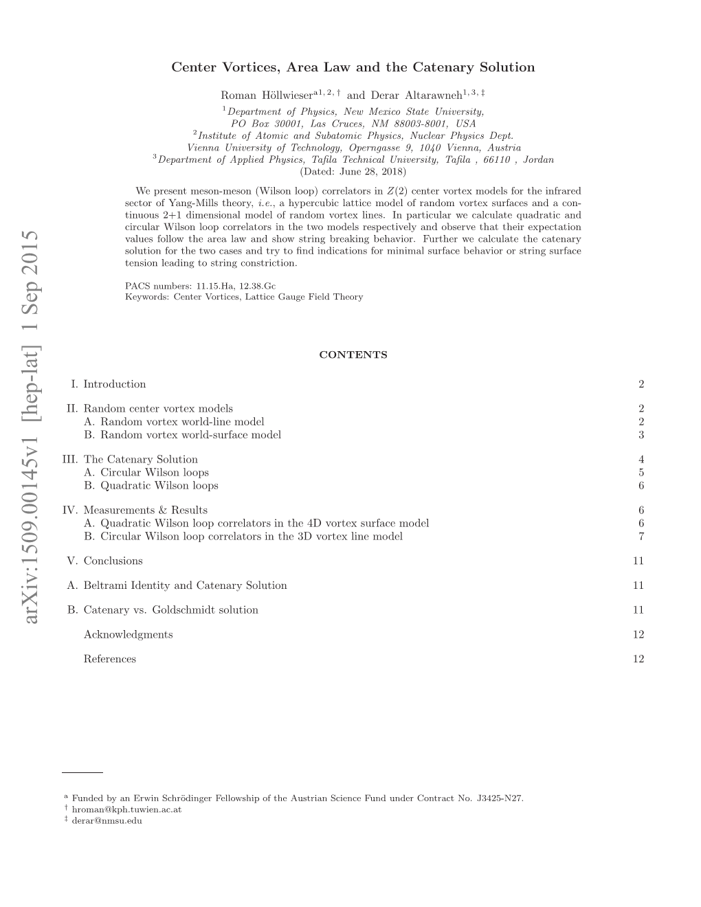 Arxiv:1509.00145V1 [Hep-Lat] 1 Sep 2015 I.Tectnr Solution Catenary the III