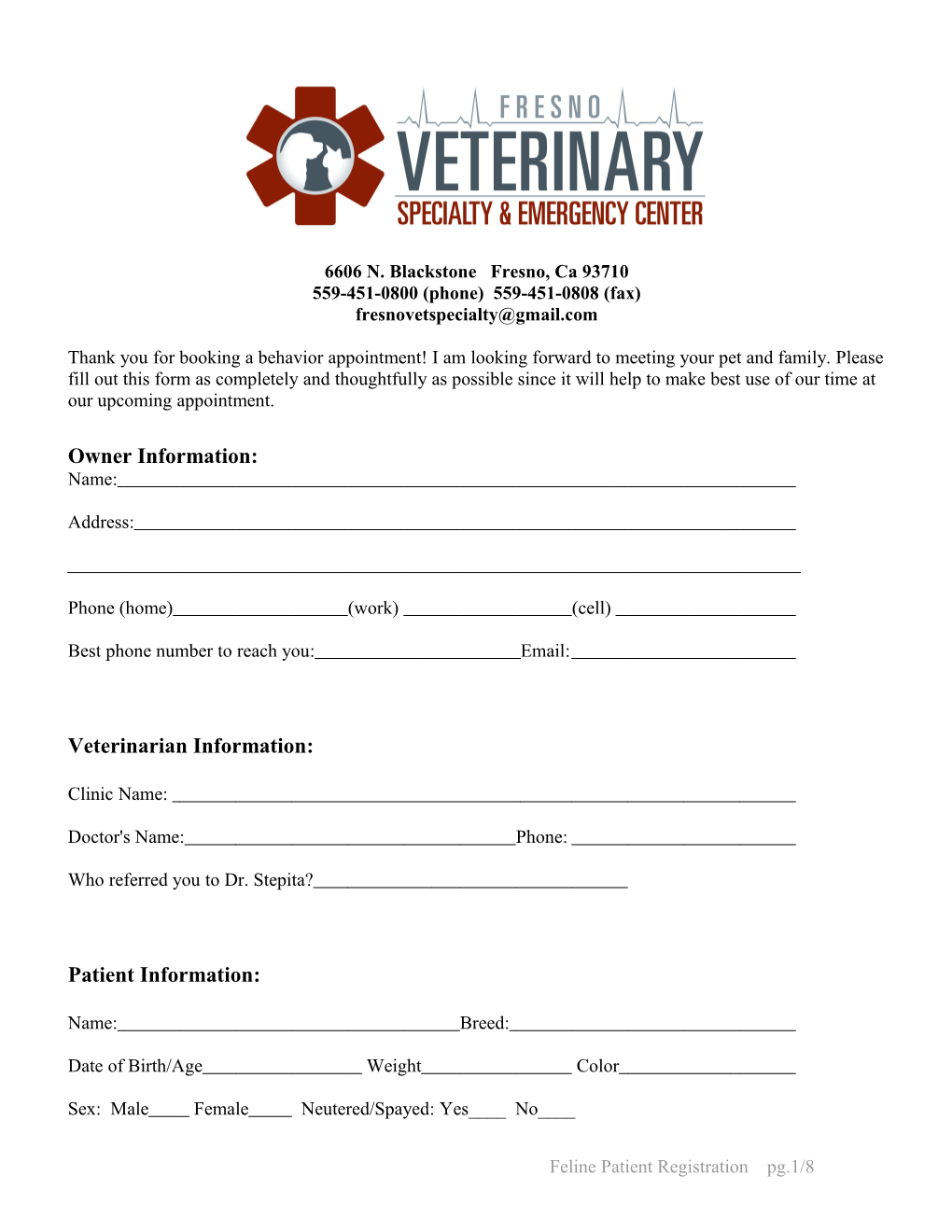 Canine Patient Registration Form