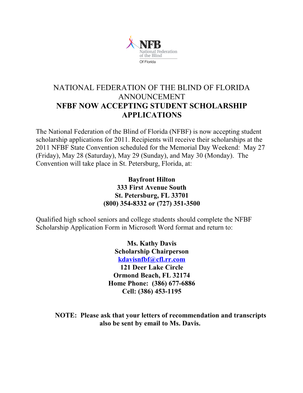 National Federation of the Blind of Florida Announcement