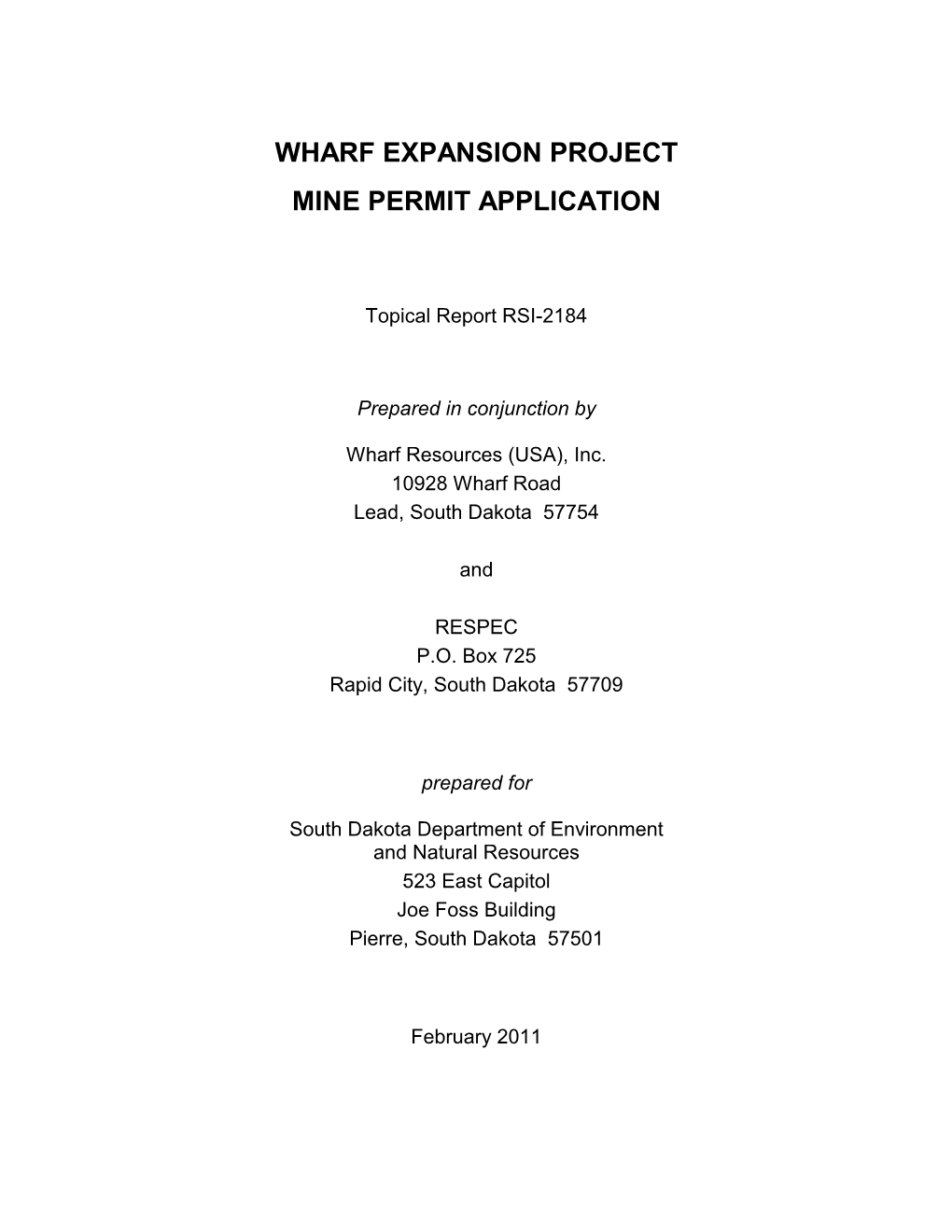 Wharf Expansion Project Mine Permit Application