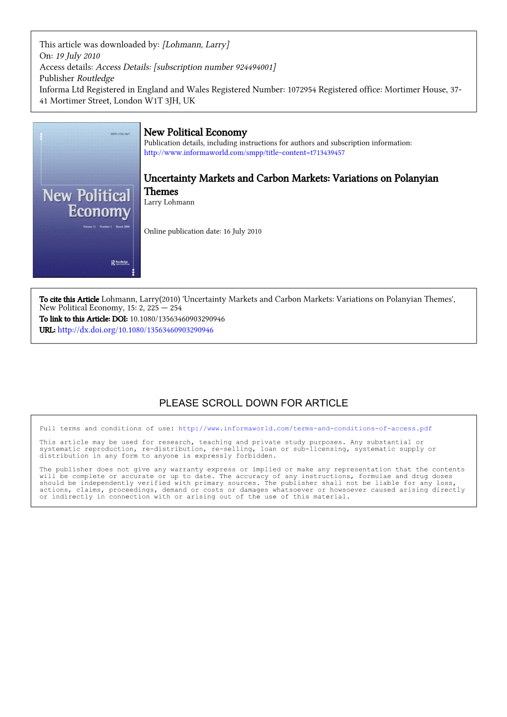 New Political Economy Uncertainty Markets And