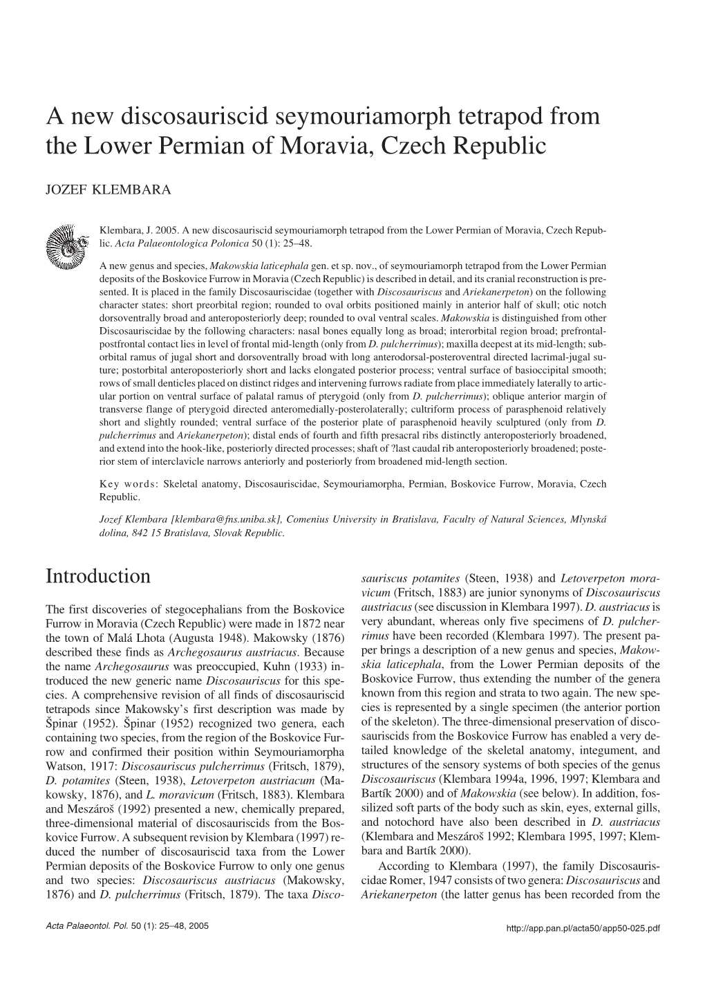 A New Discosauriscid Seymouriamorph Tetrapod from the Lower Permian of Moravia, Czech Republic