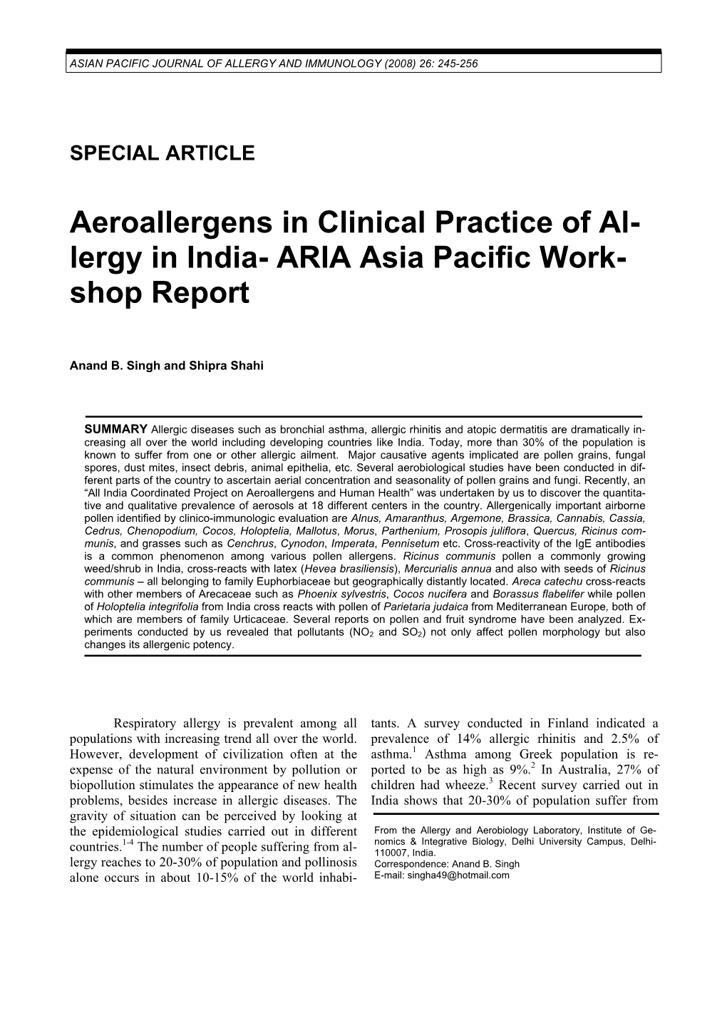 Aeroallergens in Clinical Practice of Al- Lergy in India- ARIA Asia Pacific Work- Shop Report