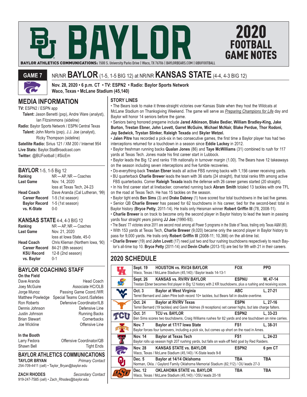 2020 Football Game Notes Baylor Athletics Communications: 1500 S