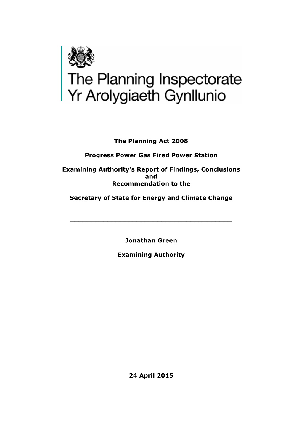 The Planning Act 2008 Progress Power Gas Fired Power Station