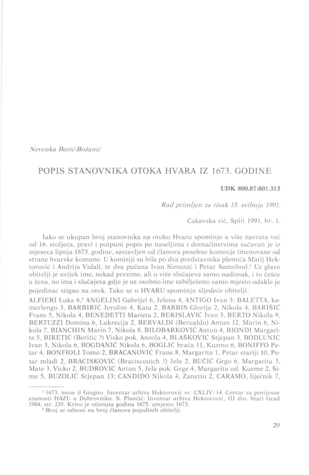 Popis Stanovnika Otoka Hvara Iz 1673. Godine