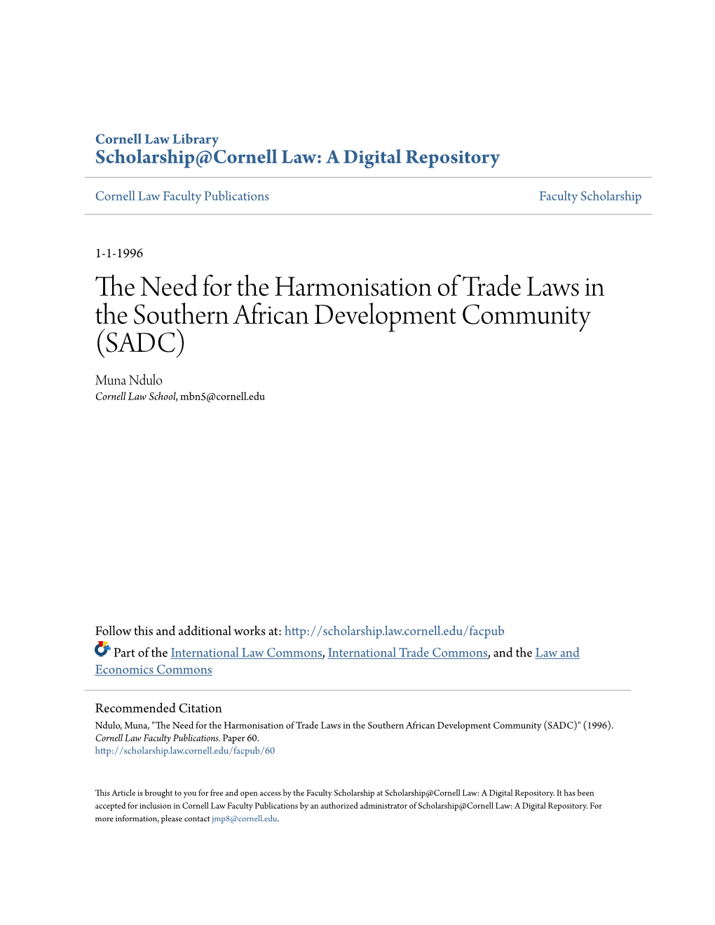The Need for the Harmonisation of Trade Laws in the Southern African Development Community (Sadc)