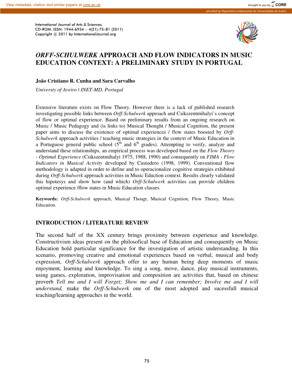 Orff-Schulwerk Approach and Flow Indicators in Music Education Context: a Preliminary Study in Portugal