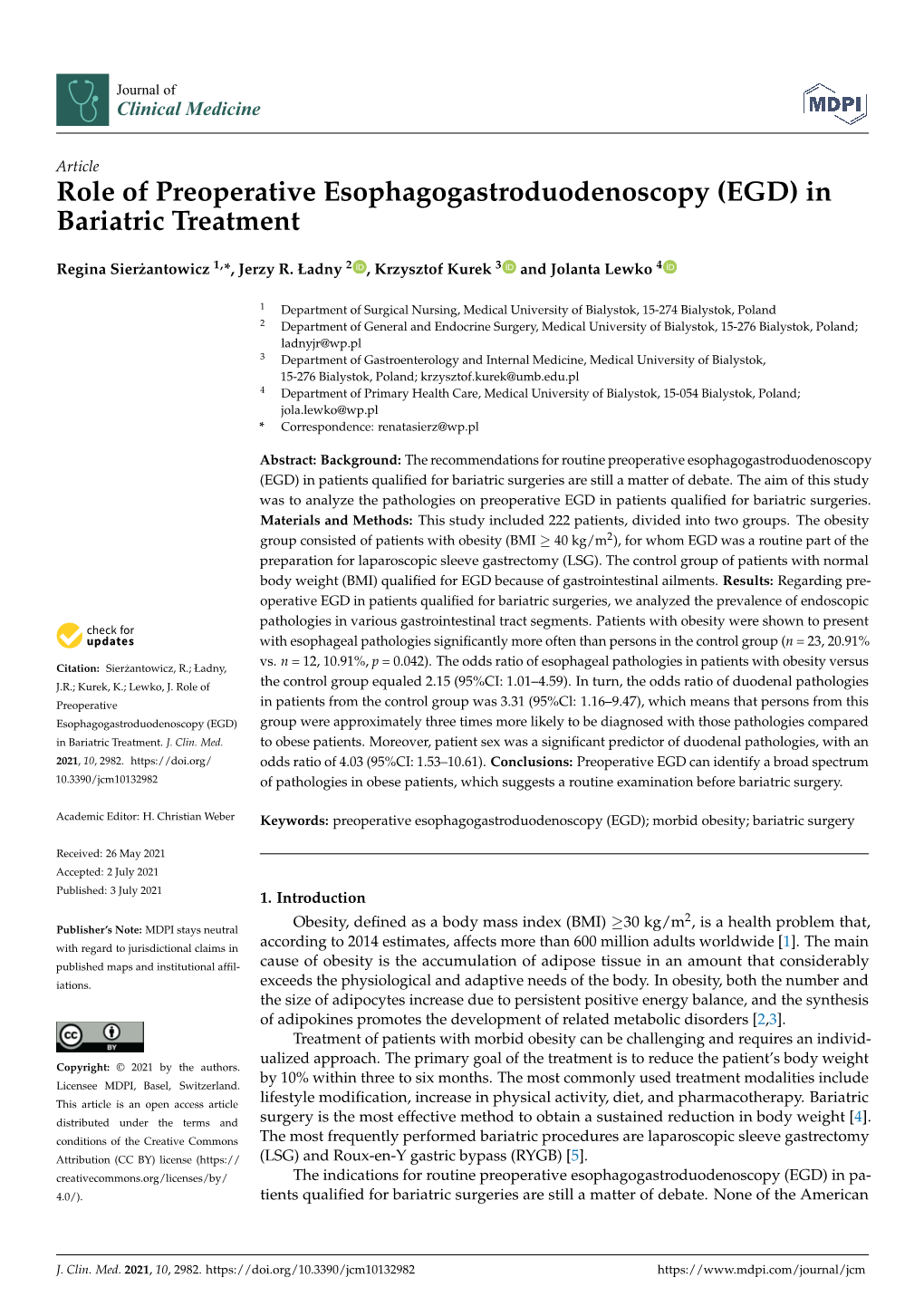 Role of Preoperative Esophagogastroduodenoscopy (EGD) in Bariatric Treatment