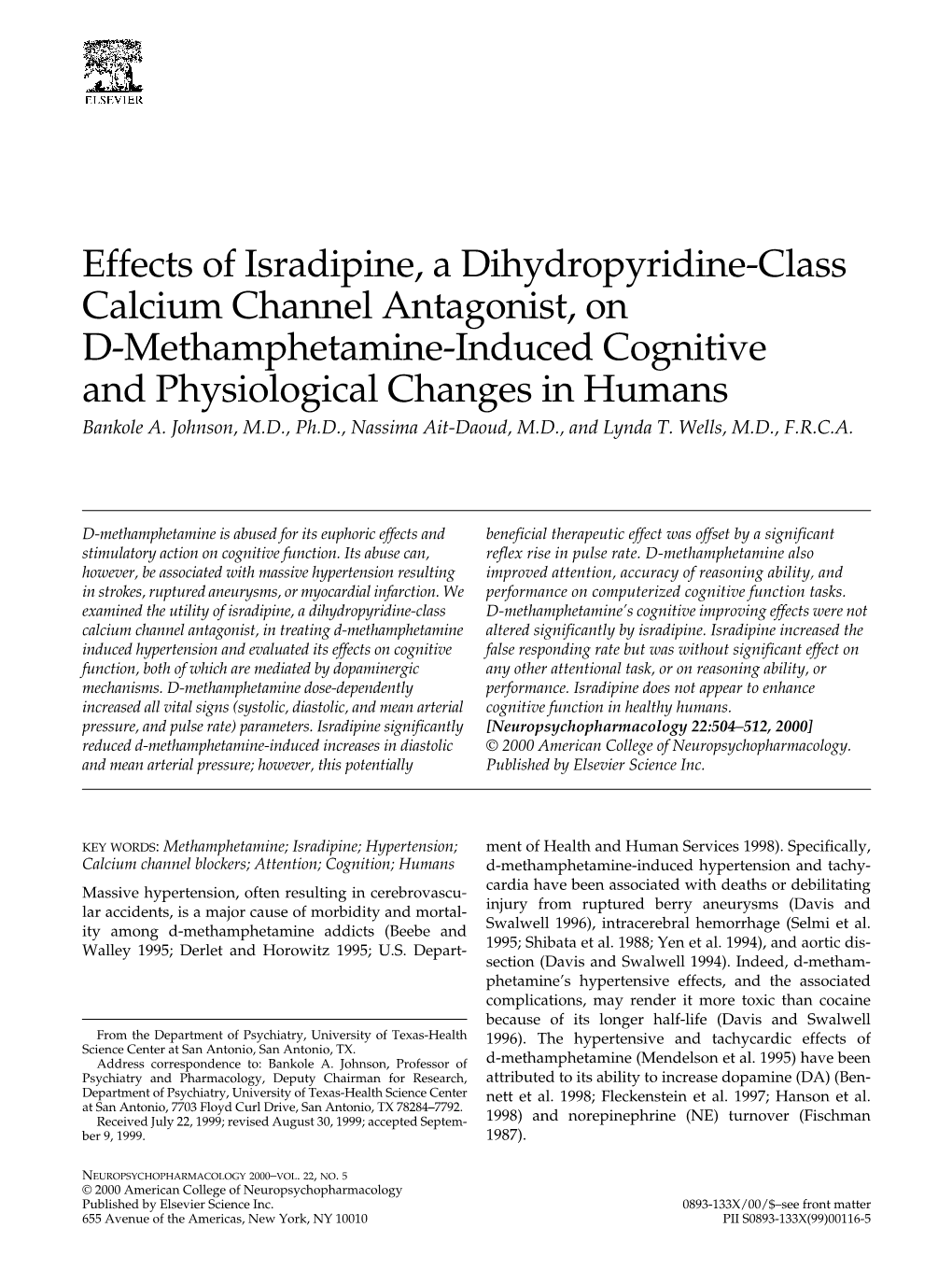 Effects of Isradipine, a Dihydropyridine-Class Calcium Channel Antagonist, on D-Methamphetamine-Induced Cognitive and Physiological Changes in Humans Bankole A