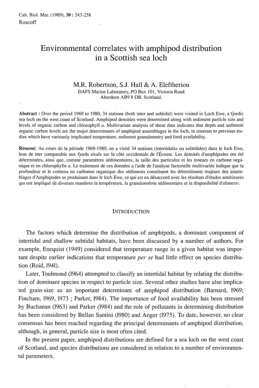 Environmental Correlates with Amphipod Distribution in a Scottish Sea Loch