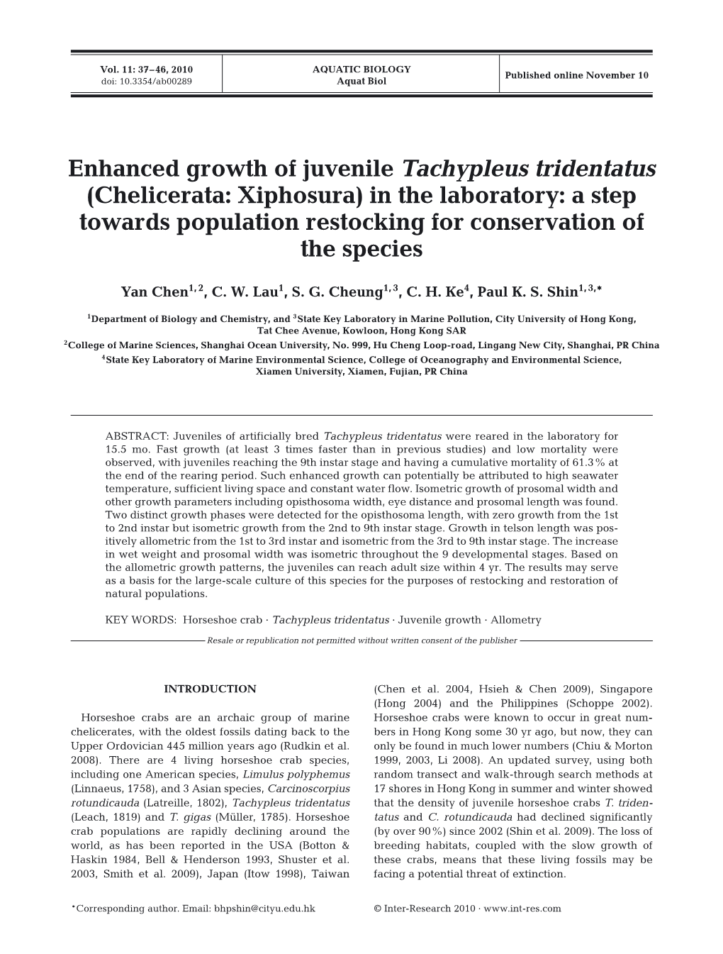 Enhanced Growth of Juvenile Tachypleus Tridentatus (Chelicerata: Xiphosura) in the Laboratory: a Step Towards Population Restocking for Conservation of the Species