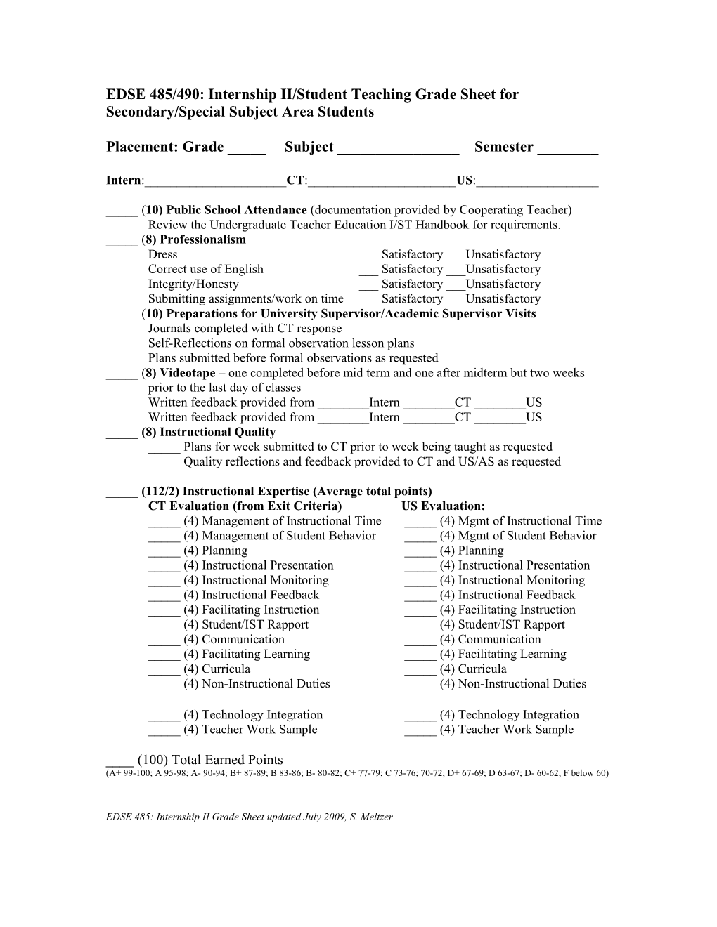 EDSE 485/490: Internship II/Student Teaching Grade Sheet for Secondary/Special Subject