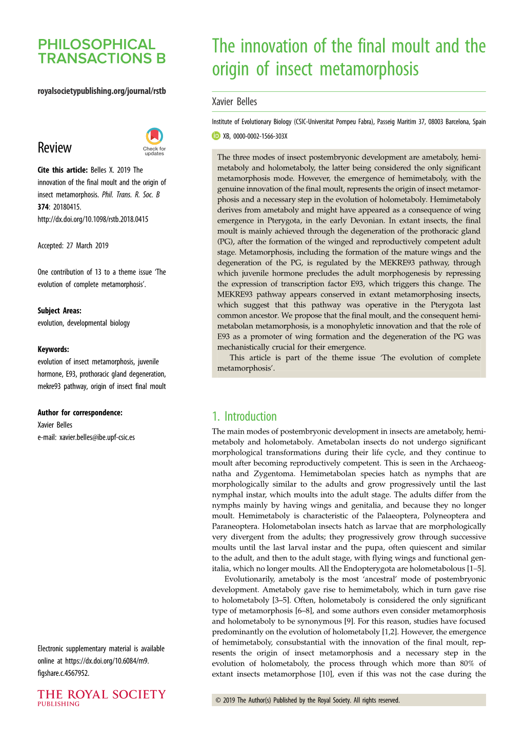 The Innovation of the Final Moult and the Origin of Insect Metamorphosis Royalsocietypublishing.Org/Journal/Rstb Xavier Belles