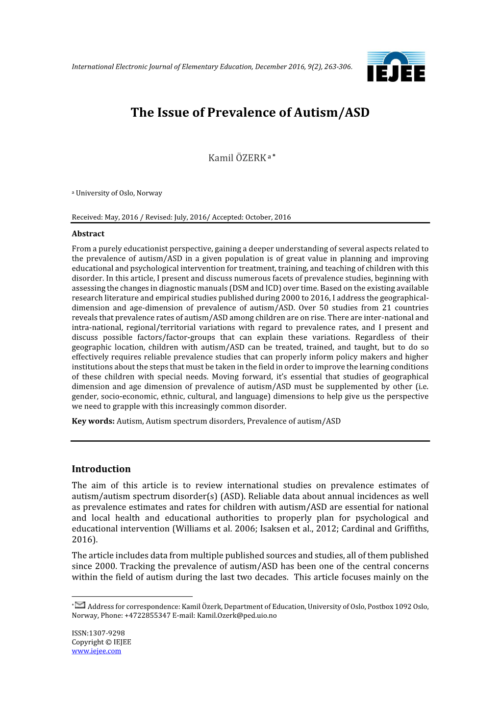 The Issue of Prevalence of Autism/ASD