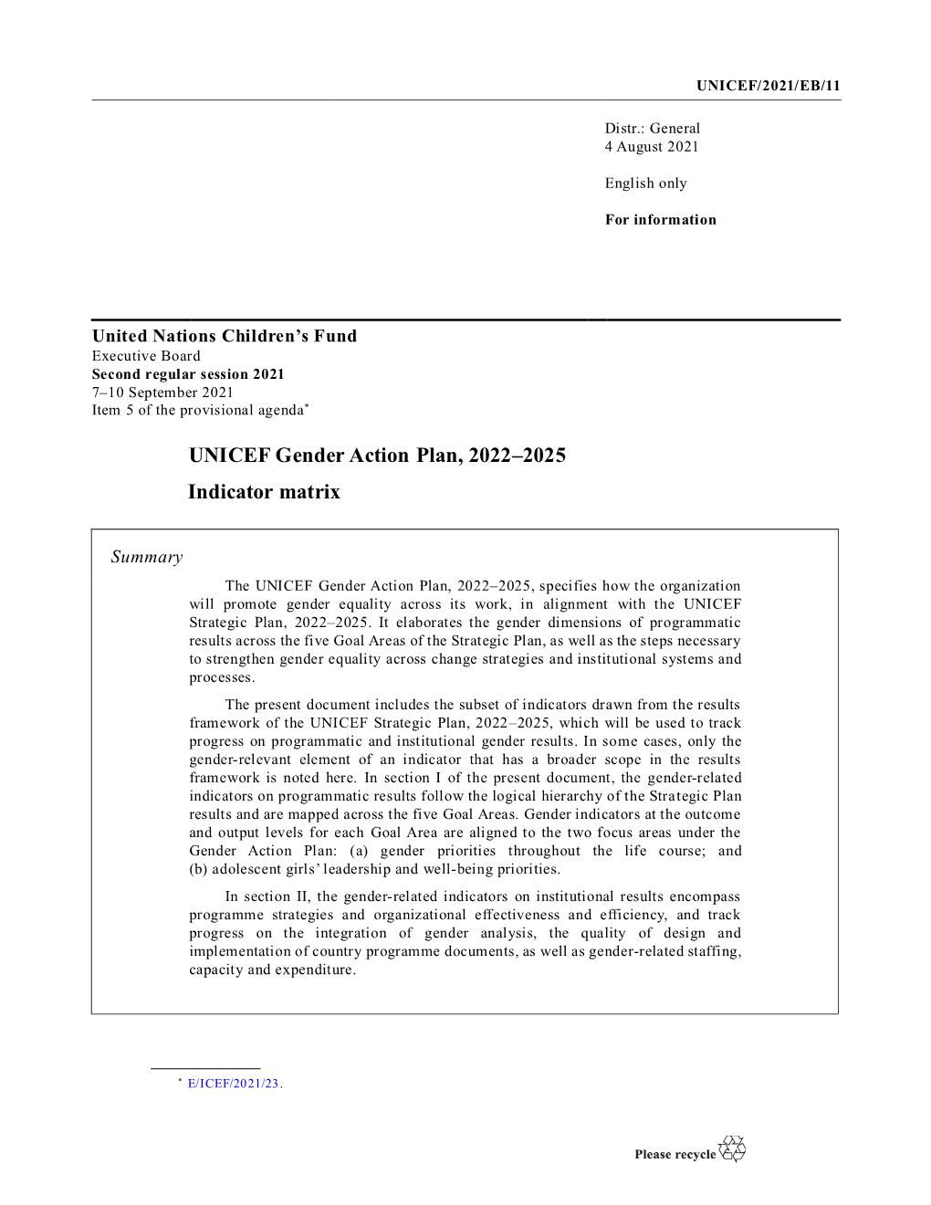 UNICEF Gender Action Plan, 2022–2025 Indicator Matrix