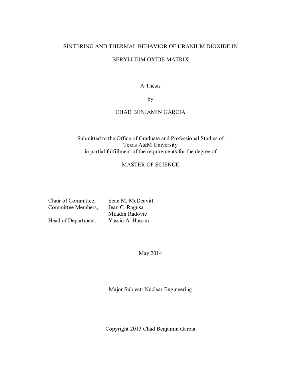 Sintering and Thermal Behavior of Uranium Dioxide In