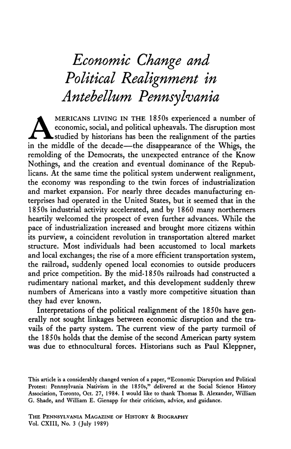 Economic Change and Political Realignment in Antebellum Pennsylvania