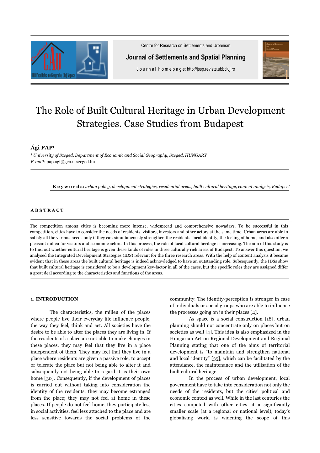 The Role of Built Cultural Heritage in Urban Development Strategies