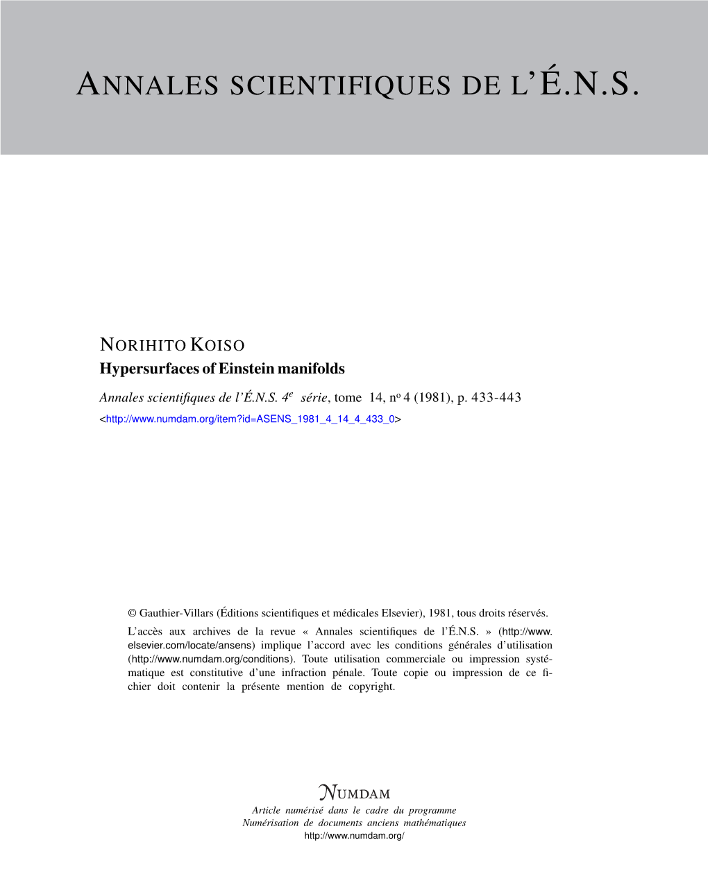 Hypersurfaces of Einstein Manifolds