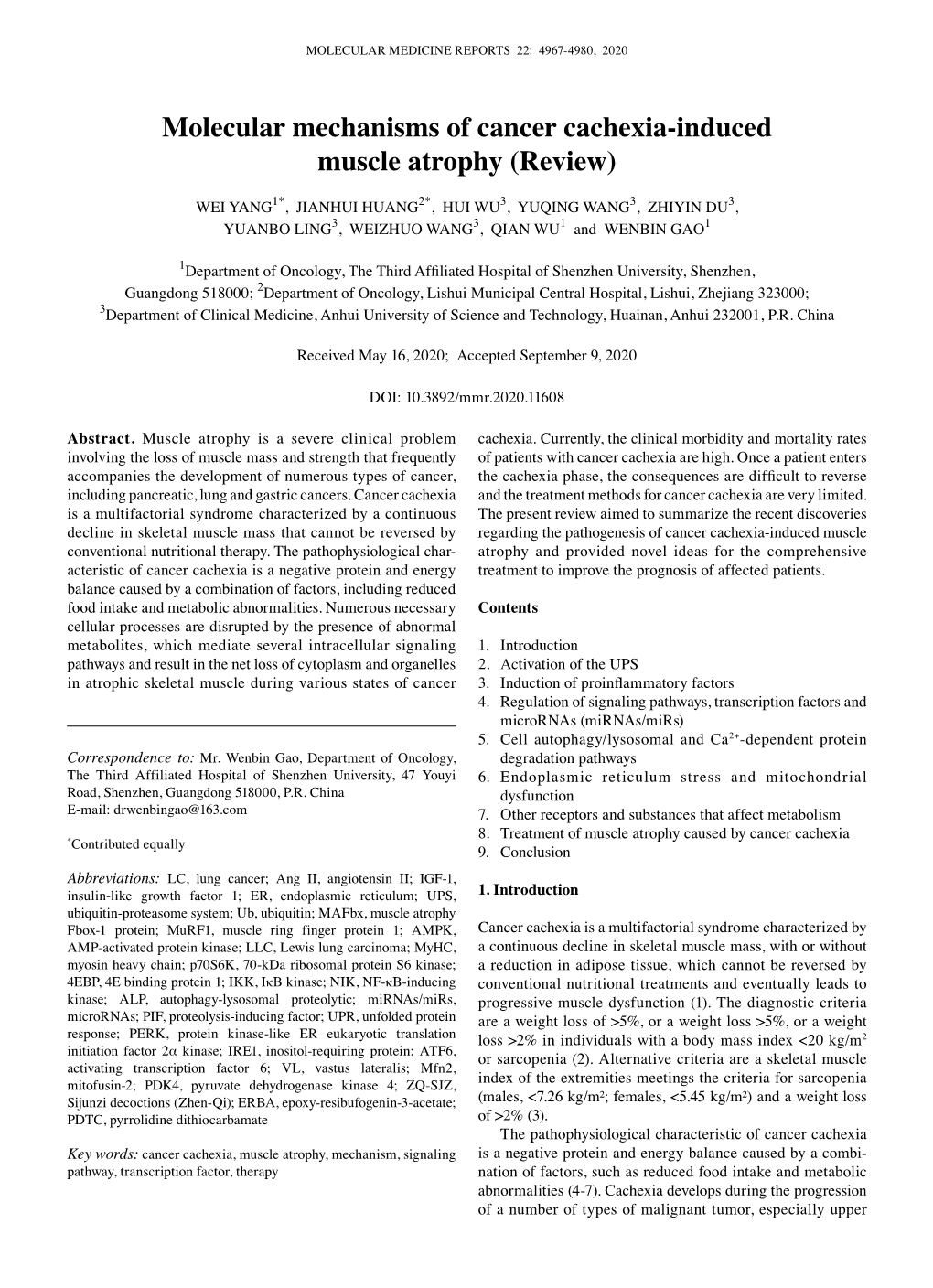 Molecular Mechanisms of Cancer Cachexia‑Induced Muscle Atrophy (Review)