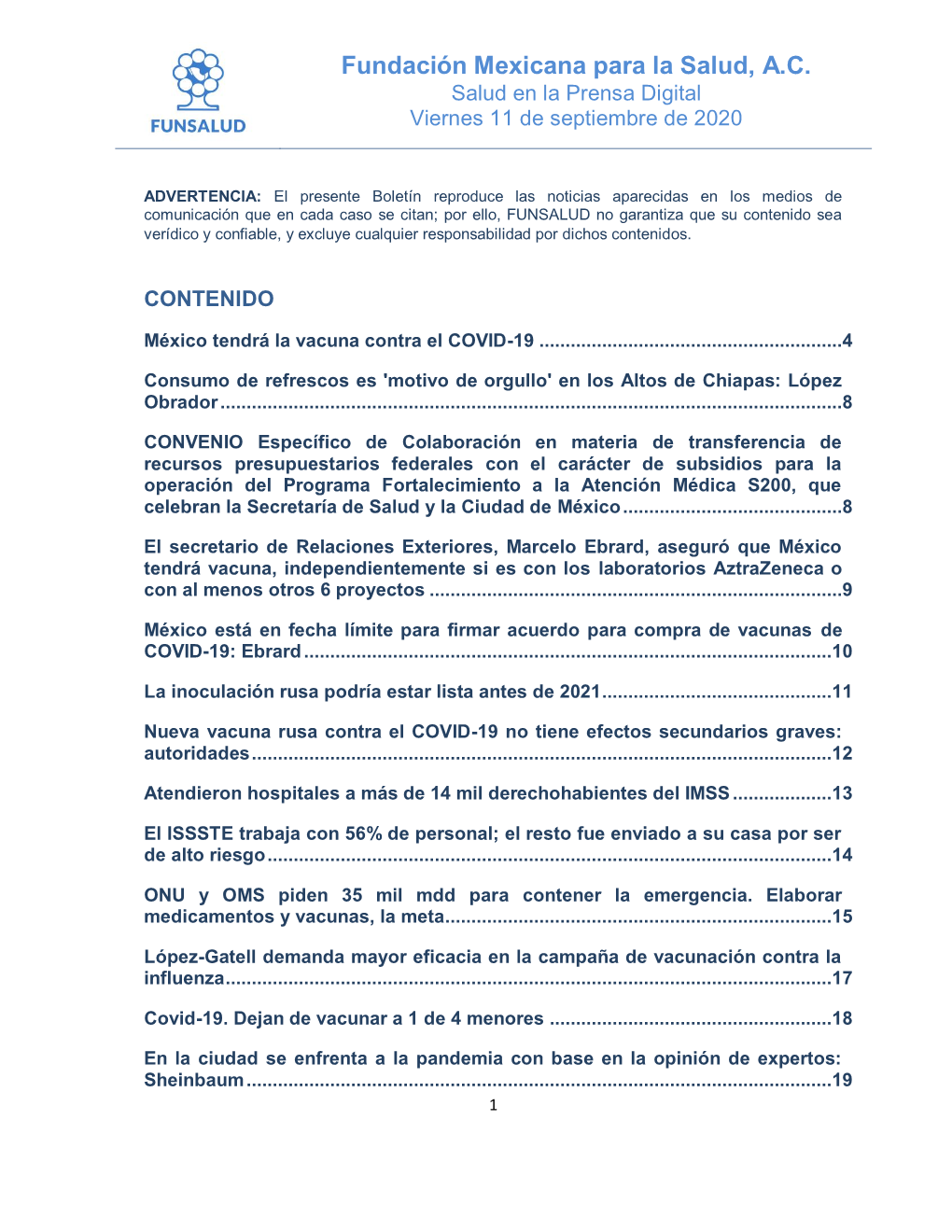 Fundación Mexicana Para La Salud, A.C. Salud En La Prensa Digital Viernes 11 De Septiembre De 2020