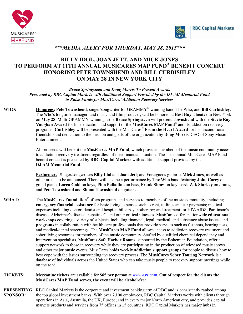 Media Alert for Thurday, May 28, 2015*** Billy Idol, Joan