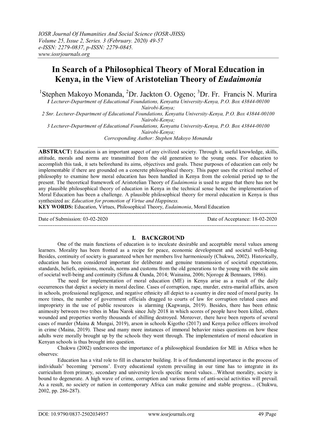 In Search of a Philosophical Theory of Moral Education in Kenya, in the View of Aristotelian Theory of Eudaimonia