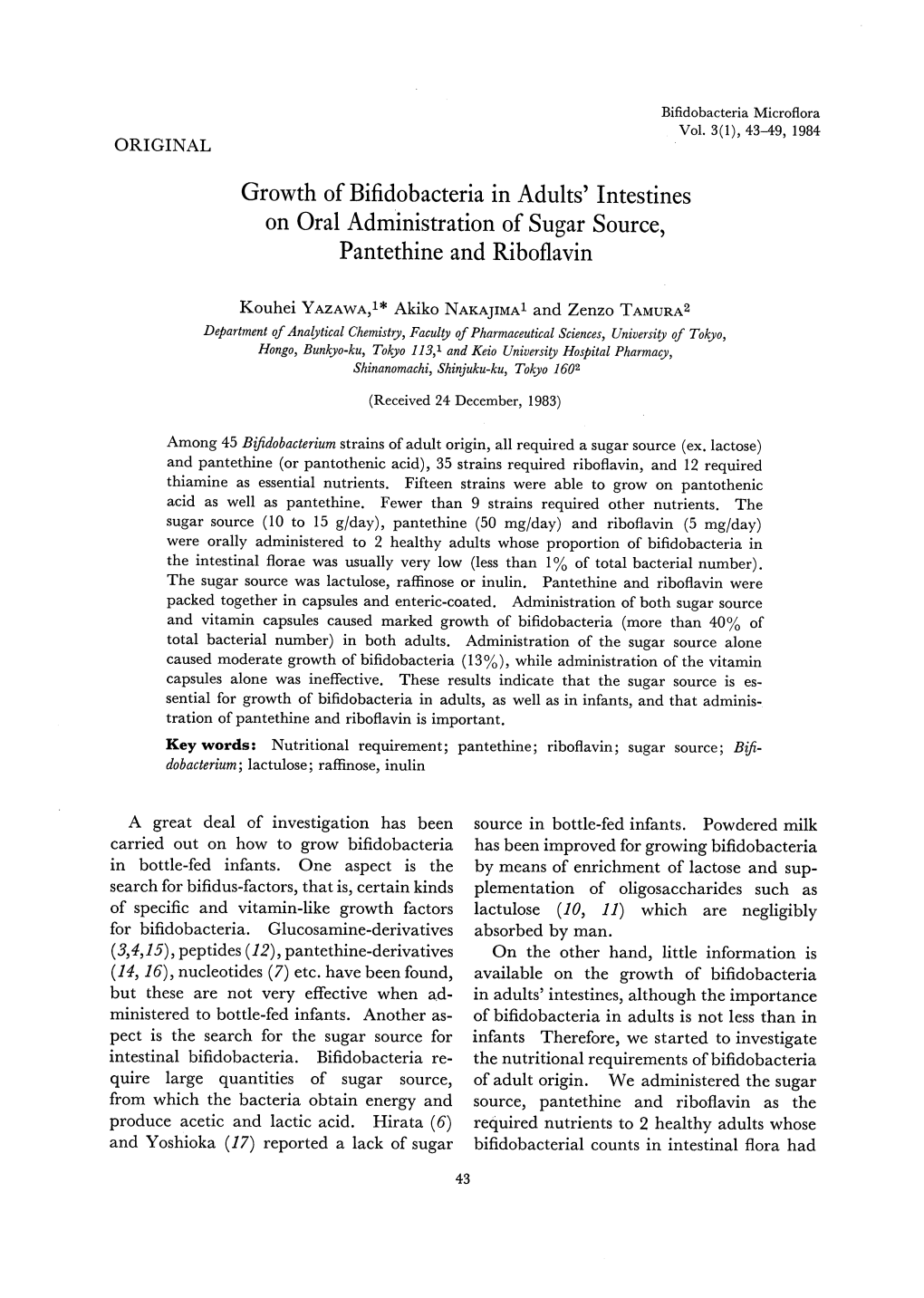 Growth of Bifidobacteria in Adults' Intestines on Oral Administration of Sugar Source, Pantethine and Riboflavin