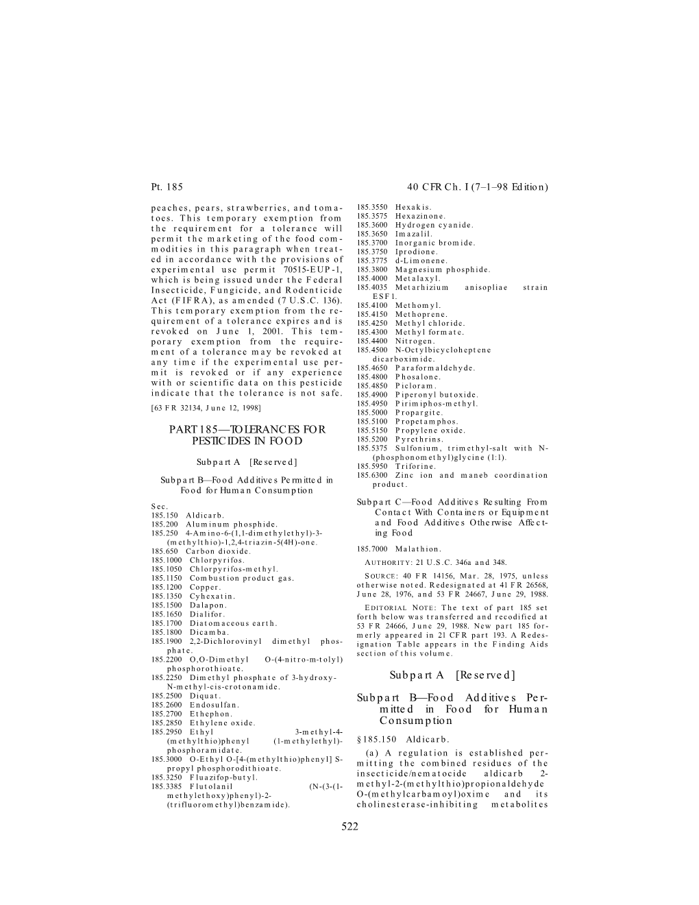 522 PART 185—TOLERANCES for PESTICIDES in FOOD Subpart A