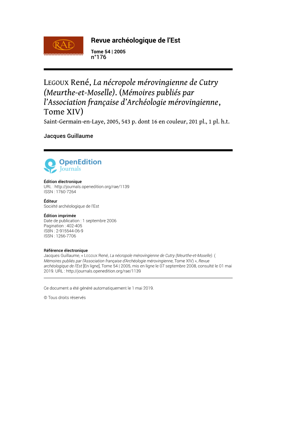 Revue Archéologique De L'est, Tome 54 | 2008 Legoux René, La Nécropole Mérovingienne De Cutry (Meurthe-Et-Moselle)