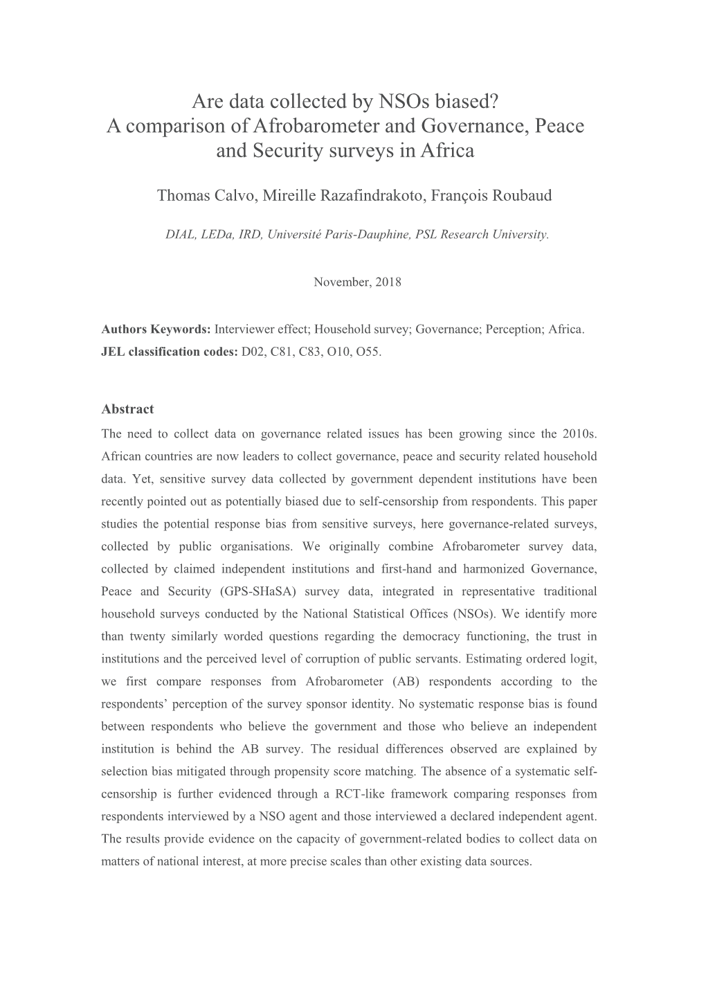 Are Data Collected by Nsos Biased? a Comparison of Afrobarometer and Governance, Peace and Security Surveys in Africa