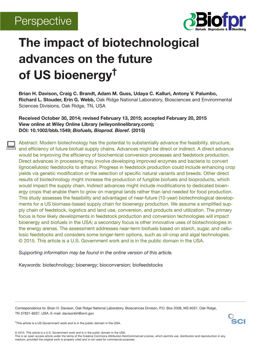 The Impact of Biotechnological Advances on the Future of US Bioenergy†