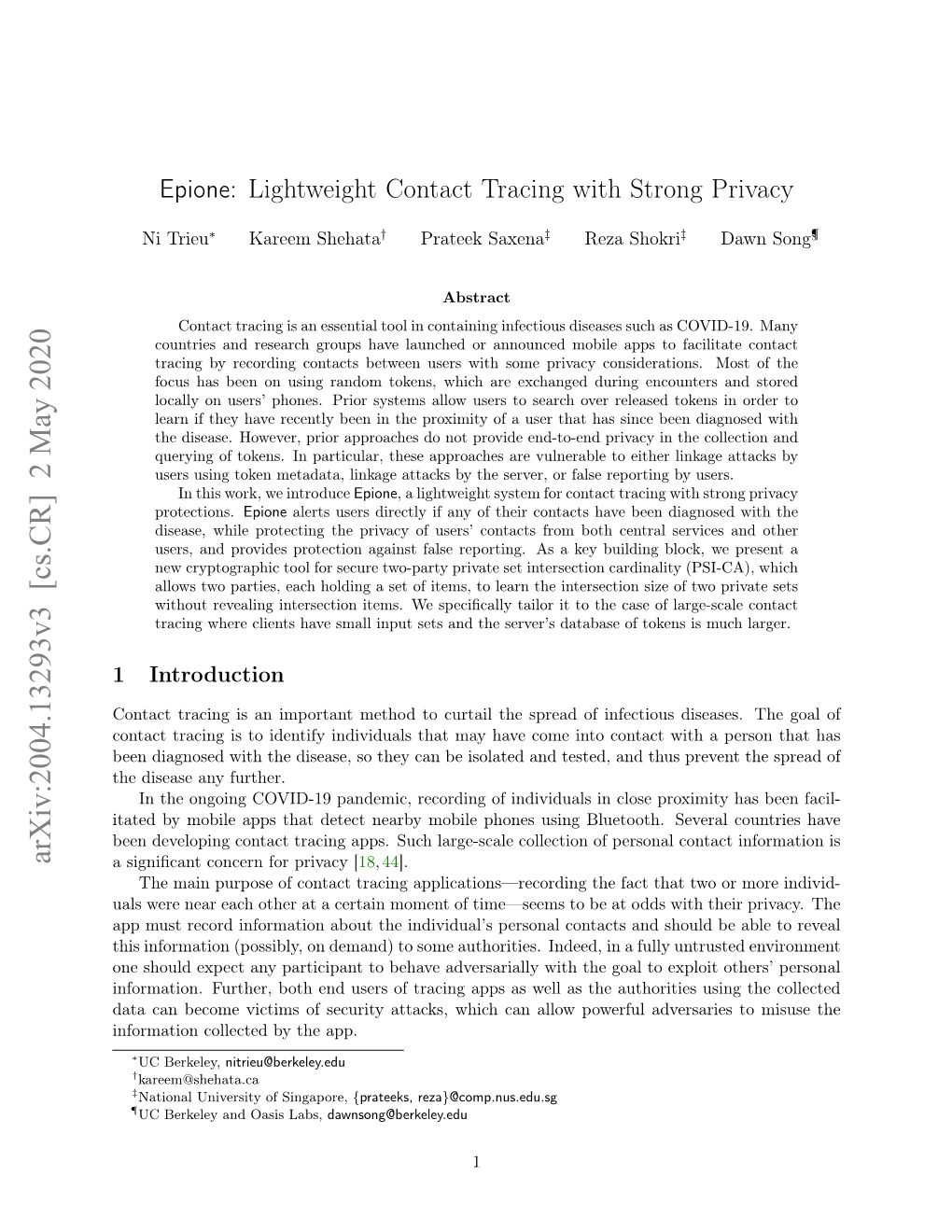 Epione: Lightweight Contact Tracing with Strong Privacy