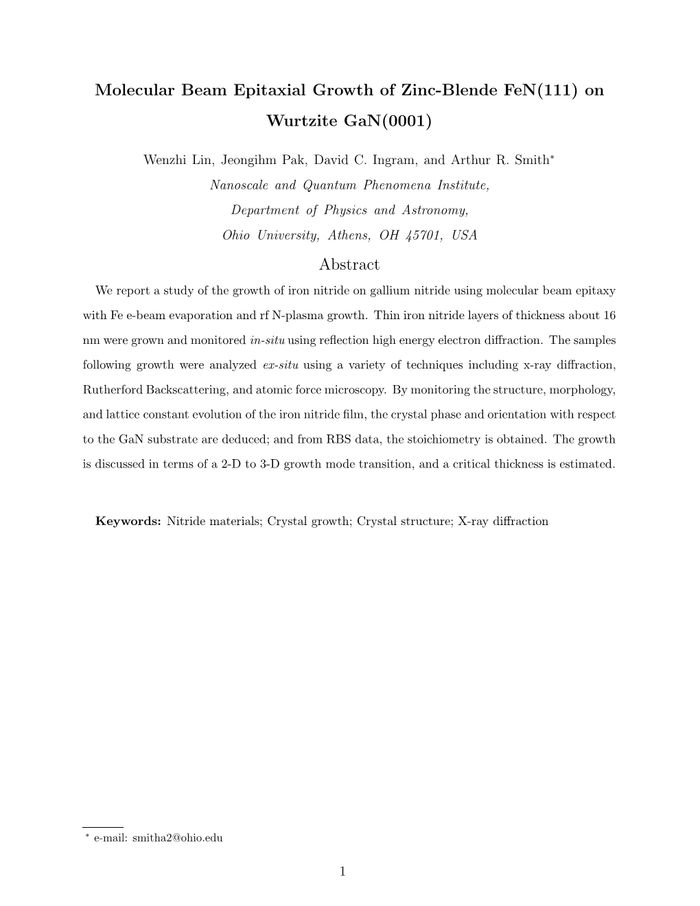 Molecular Beam Epitaxial Growth of Zinc-Blende Fen(111) on Wurtzite Gan(0001)